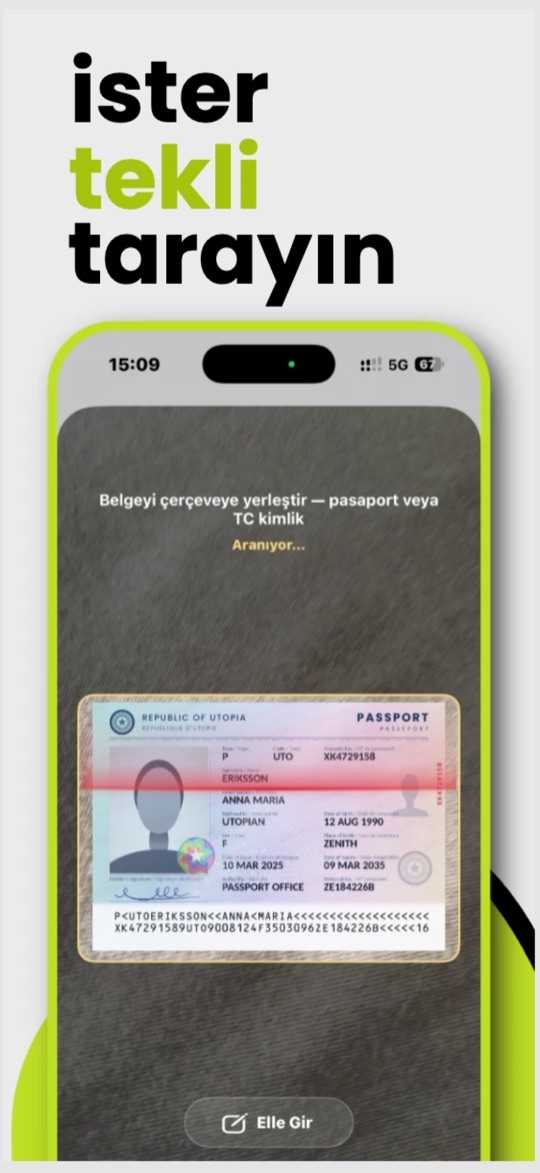 Tekli tarama ekranı: kamera çerçevesinde bir pasaport, alttaki makinece okunur satırlar okunuyor